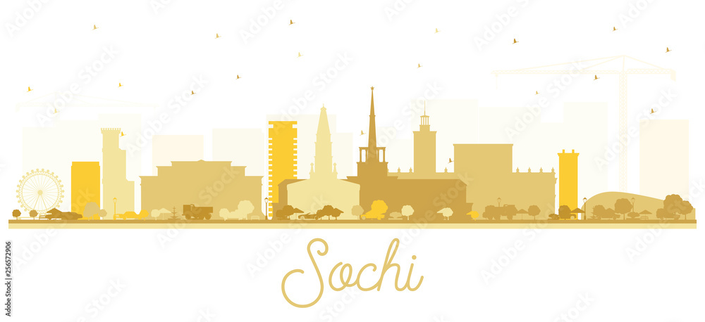 Sochi Russia City Skyline Silhouette with Golden Buildings Isolated on White.