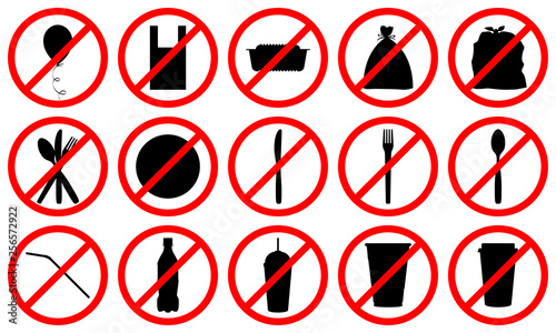 stop using disposable plastic pack, bag, box, bottle, straw signs, say no to plastic in everyday life and zero waste concept, stock vector illustration clip art