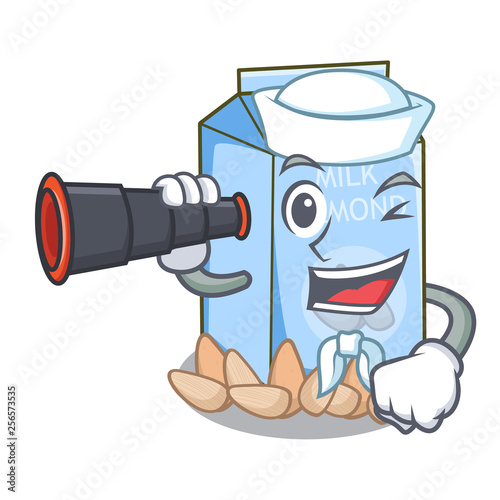 Sailor with binocular almond milk in the cartoon bottle