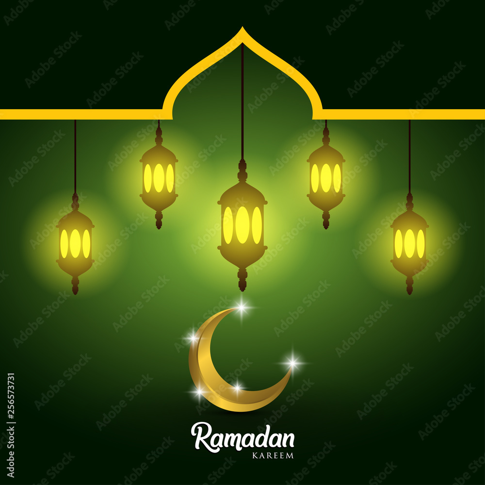 Ramadan kareem greeting card design. with arabic lanterns, golden ornate crescent and mosque dome. on green background, EPS 10 - vector, Jpeg High Resolution 300 DPI Ramadan kareem greeting card design. with arabic lanterns, golden ornate crescent and mosque dome. on green background, EPS 10 - vector, Jpeg High Resolution 300 DPI