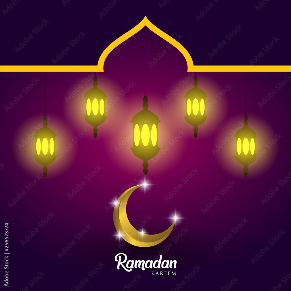 Ramadan kareem greeting card design. with arabic lanterns, golden ornate crescent and mosque dome. on purple background, EPS 10 - vector, Jpeg High Resolution 300 DPI Ramadan kareem greeting card design. with arabic lanterns, golden ornate crescent and mosque dome. on purple background, EPS 10 - vector, Jpeg High Resolution 300 DPI