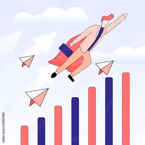 Businessman Flying Like Superhero with Briefcase.