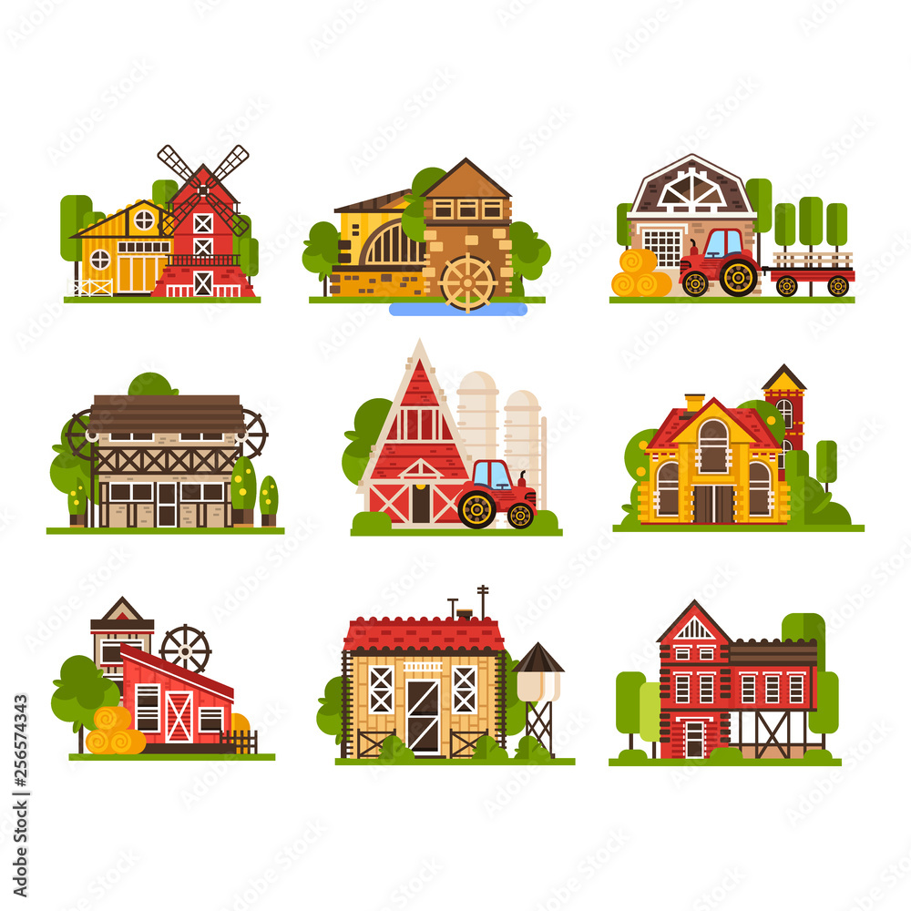 Farm buildings set, agriculture industry and countryside constructions vector Illustrations on a white background