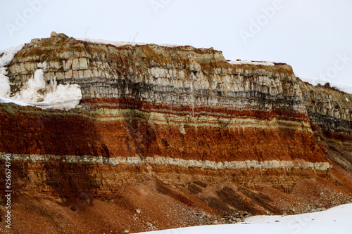  texture of different layers of clay underground in  clay quarry after geological study of soil.