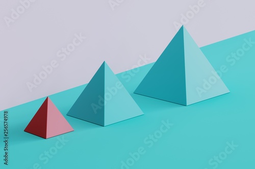 outstanding pink sqaure pyramid and blue pyramids on blue and purple background. minimal concept idea