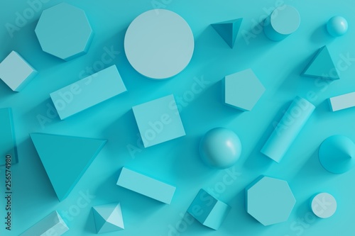 blue monotone geometric shapes set on blue background. minimal flat lay concept