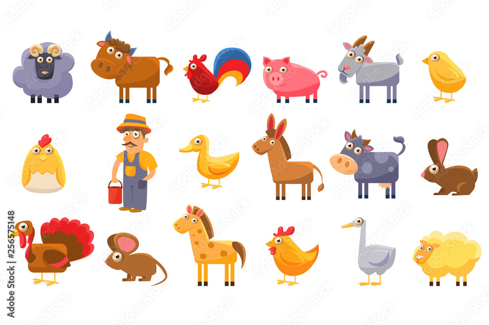 Farm animals set, male farmer, livestock and pets cartoon vector Illustrations on a white background Stock Vector | Adobe Stock Farm animals set, male farmer, livestock and pets cartoon vector Illustrations on a white background Stock Vector | Adobe Stock