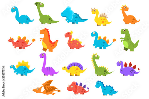 Fototapeta Naklejka Na Ścianę i Meble -  Dinosaurs set, variety species of brightly colored dino vector Illustrations on a white background