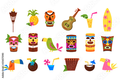 Symbols of Hawaii set, Tiki tribal masks, tropical cocktails, fruits, birds and musical instruments vector Illustrations on a white background