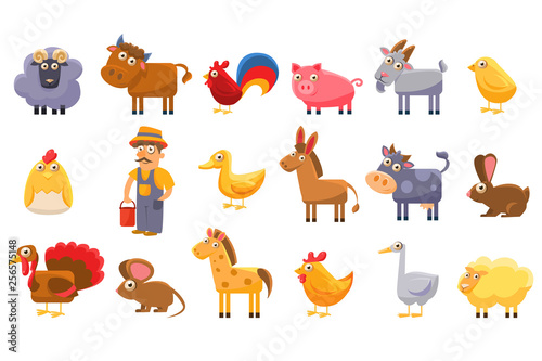 Farm animals set, male farmer, livestock and pets cartoon vector Illustrations on a white background