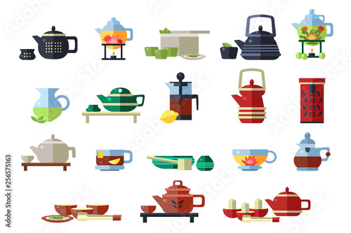 Teapots set, tea ceremony tools vector Illustrations on a white background