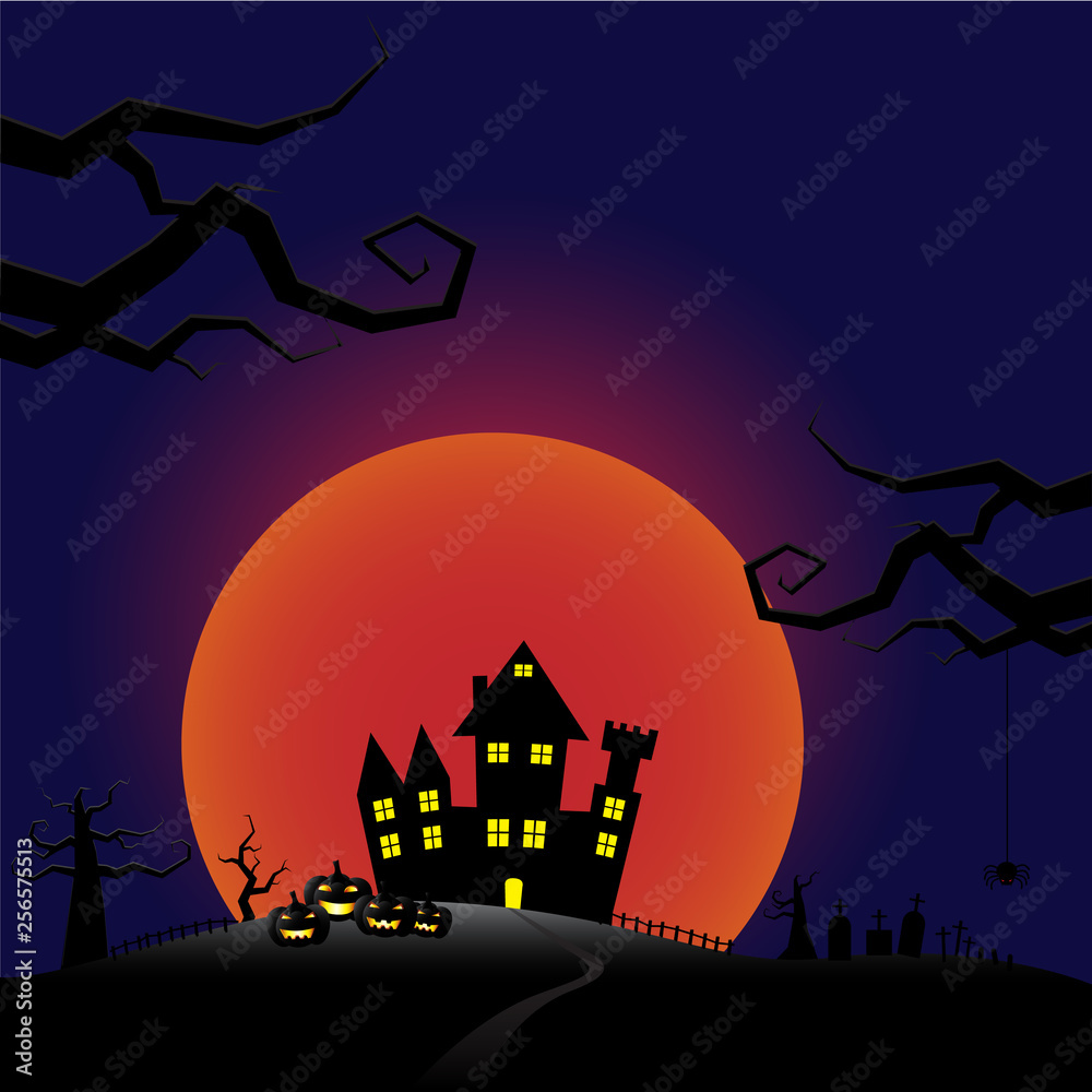 Halloween pumpkins and castle with bloody Moon background