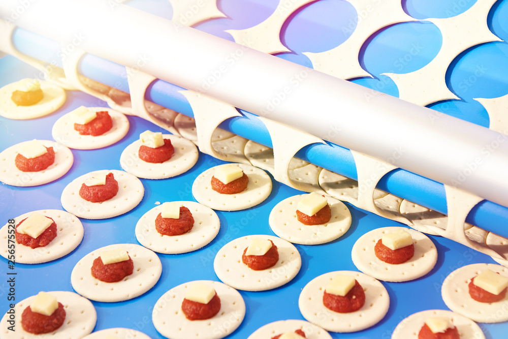 Conveyor for baking with cheese and tomato Conveyor for baking with cheese and tomato