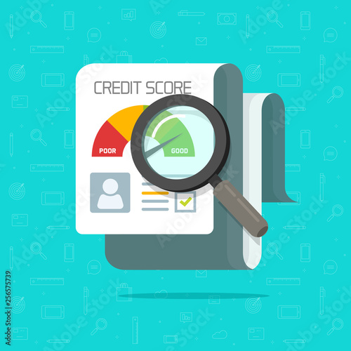 Credit score report research document vector illustration, flat cartoon ranking loan history record investigating or analysis via magnifier glass clipart