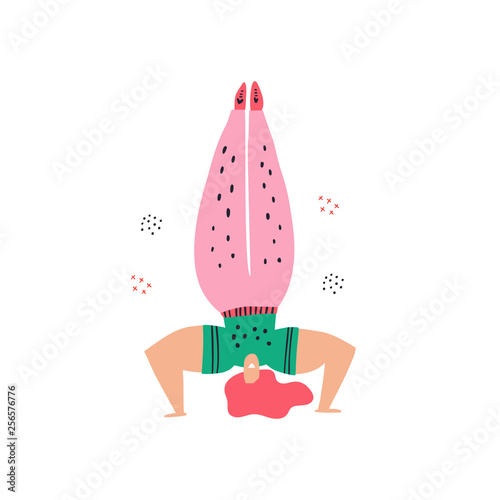 Woman doing headstand flat hand drawn illustration
