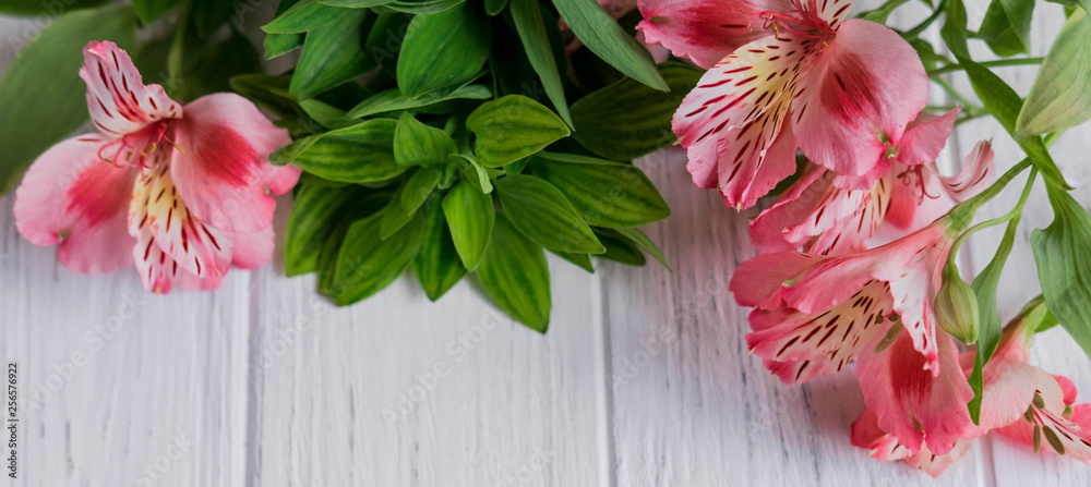 Obraz premium Background for text banner on a white wooden background with pink flowers. Blank, frame for text. Greeting card design with flowers. Aalstroemeria on wooden background. View from above