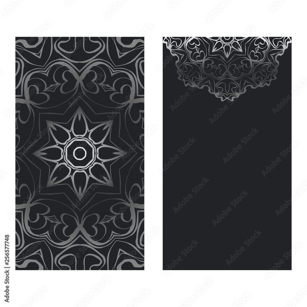 Visit Card Template With Floral Mandala Pattern. Vector Template. Islam, Arabic, Indian, Mexican Ottoman Motifs. Hand Drawn Background. Black silver color