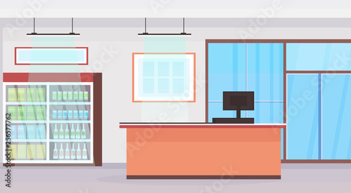 big grocery shop cash desk counter supermarket interior empty no people super market shopping concept flat horizontal