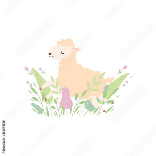 Adorable Little Lamb  Cute Sheep Animal Lying on Spring Meadow Vector Illustration