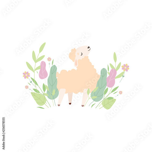 Cute Little Lamb on Green Meadow  Adorable Sheep Animal Vector Illustration