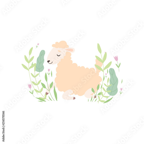 Cute Little Lamb Lying on Green Meadow  Adorable Sheep Animal Vector Illustration
