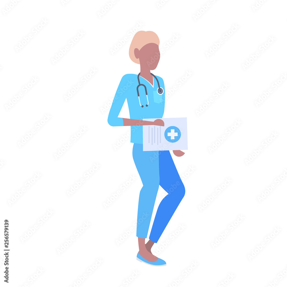 female doctor with stethoscope holding clipboard african american woman medical clinic worker in blue uniform cartoon character full length flat isolated