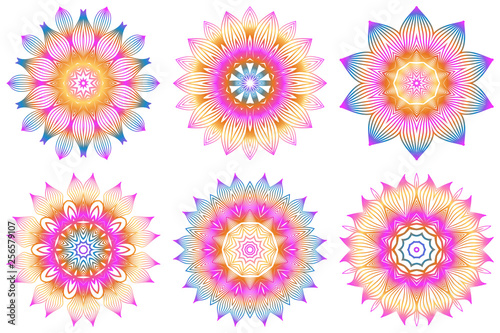 Set of Design With Floral Mandala Ornament. Vector Illustration. For Coloring Book, Greeting Card, Invitation, Tattoo. Anti-Stress Therapy Pattern. Rainbow color