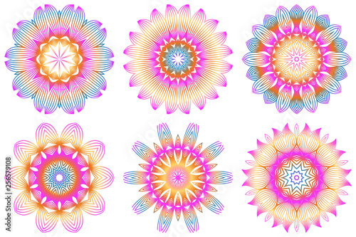 Set of Design With Floral Mandala Ornament. Vector Illustration. For Coloring Book  Greeting Card  Invitation  Tattoo. Anti-Stress Therapy Pattern. Rainbow color