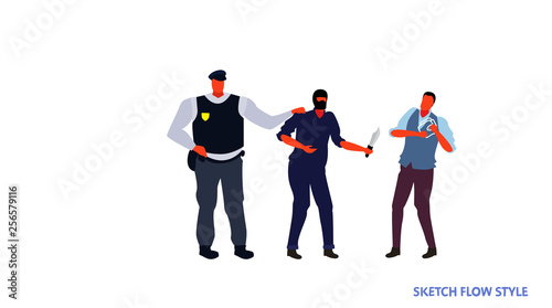policeman officer arrested masked thief holding knife attacking man with wallet dangerous robber arrest concept sketch flow style horizontal full length