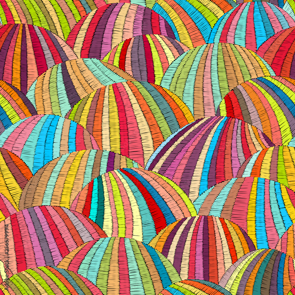 Naklejka premium Seamless embroidered wavy pattern. Sown meadows and fields. Hand-painted patchwork ornament. Ethnic and tribal motifs. Bohemian print for textiles. Vector illustration.