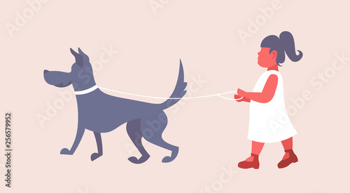 little girl in white dress walking with dog cute child and her dog having fun female cartoon character full length flat horizontal