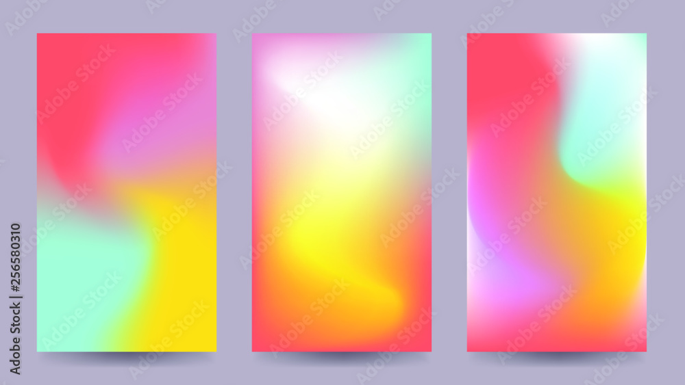 3 Modern vector template vibrant and living smooth mesh gradient soft colors coral palette set for devices, pc's and modern smartphone screens backgrounds set vector ux and ui design illustration.