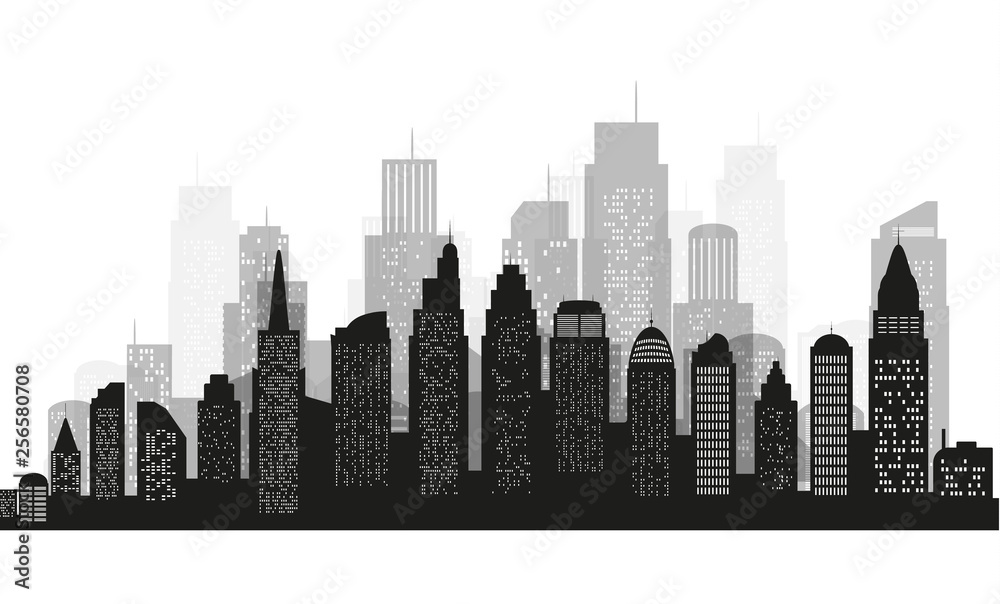 The silhouette of city with black color on white background in a flat style. Modern urban landscape. vector illustration.
