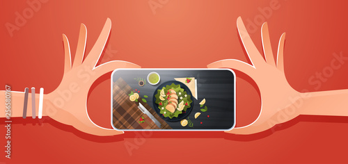 food blogger taking mobile photo of fresh vegetable salad with chicken and sauce top angle view smartphone screen social network activity concept horizontal