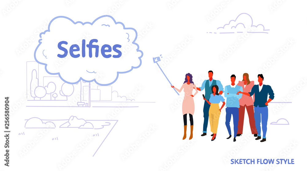 men women people group using selfie stick taking picture on smartphone camera friends standing together public park cityscape background sketch flow style horizontal