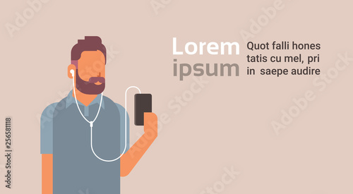 man holding smartphone listening to music with headphones young bearded guy relaxing male cartoon character portrait flat horizontal copy space