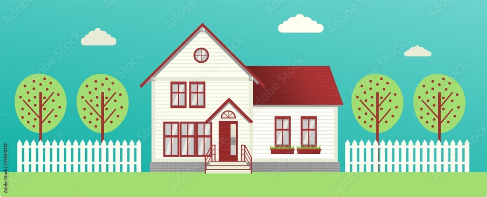 Traditional house. Family house. Buying a new home. Lodge with fence. Realty. Vector illustration in flat style