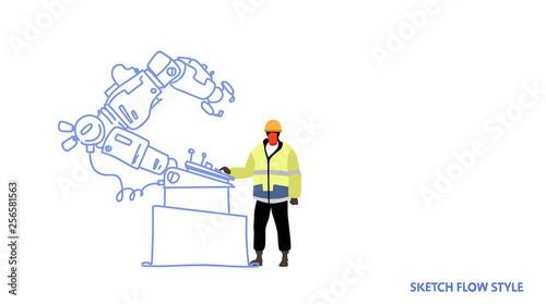 factory worker in uniform engineer of conveyor controlling robot hand working process manufacturing industry robotic production line sketch flow style horizontal