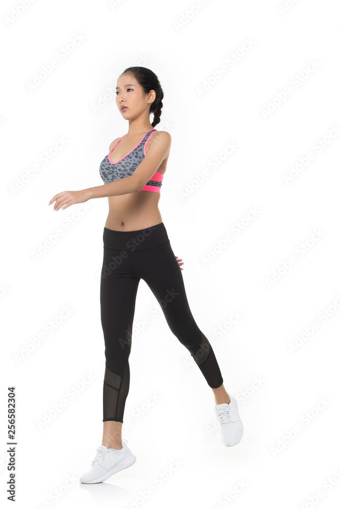 Asian Tan Skin Fitness woman exercise wear pink dark tiger skin boxing suit gear warm up white background, studio lighting copy space isolated, concept Woman Can Do Sport Asian Tan Skin Fitness woman exercise wear pink dark tiger skin boxing suit gear warm up white background, studio lighting copy space isolated, concept Woman Can Do Sport