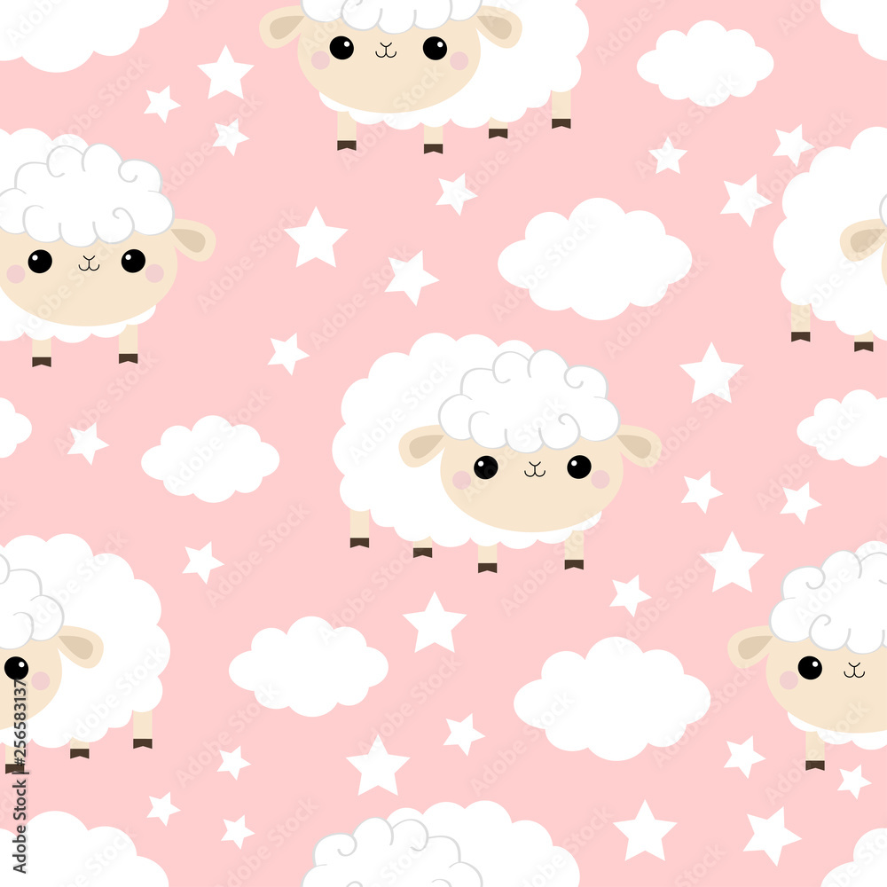Seamless Pattern. Sheep baby. Cloud star in the sky. Cute cartoon kawaii funny smiling character. Wrapping paper, textile template. Nursery decoration. Pink background. Flat design Seamless Pattern. Sheep baby. Cloud star in the sky. Cute cartoon kawaii funny smiling character. Wrapping paper, textile template. Nursery decoration. Pink background. Flat design