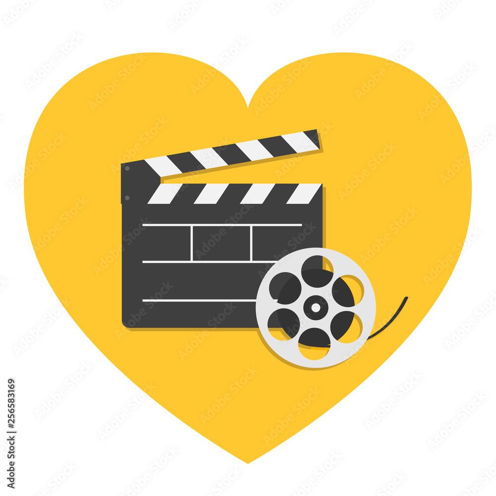 Big open clapper board Movie reel Cinema icon set. Heart sign symbol. Flat design style. Yellow background. Isolated.