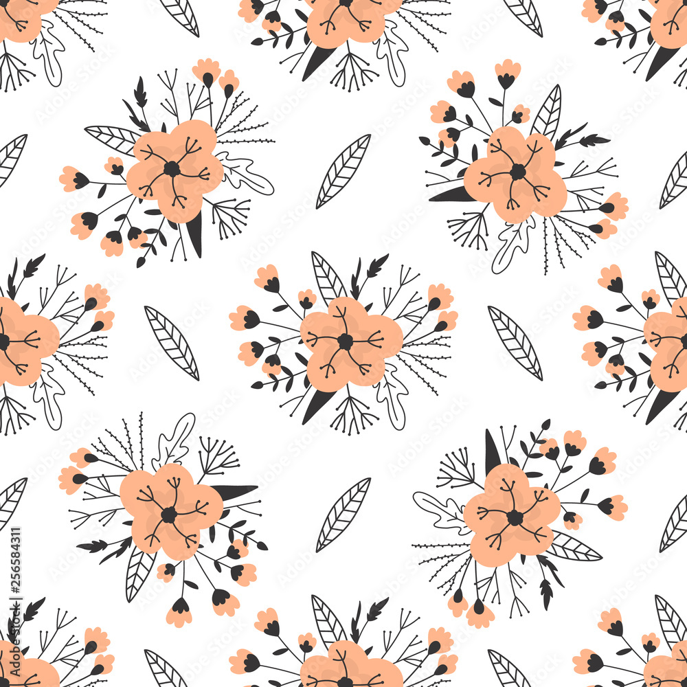 Flowers and leaves hand drawn seamless pattern. Sketch for wrapping paper.