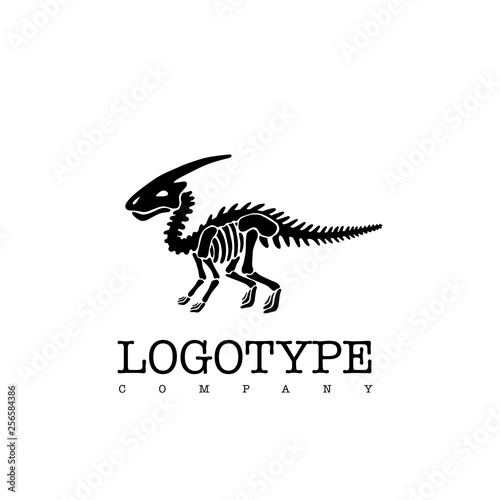 Vector logotype dinosaur skeleton parasaurolophus isolated on white background. Black silhouette.