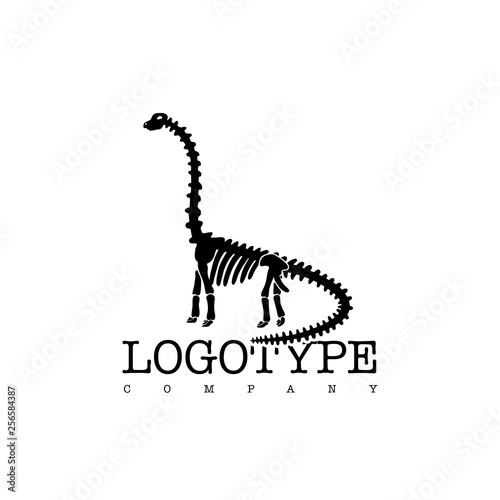 Vector logotype dinosaur skeleton diplodocus isolated on white background. Black silhouette.