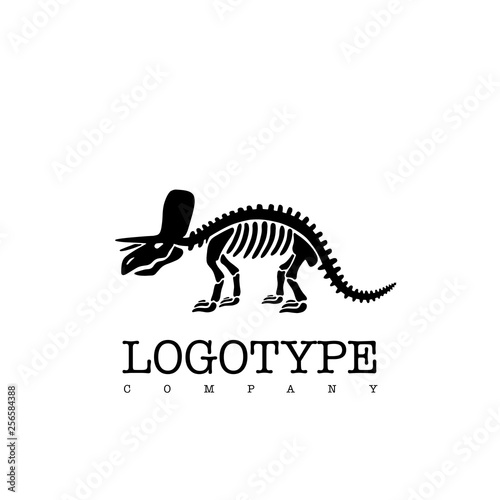 Vector logotype dinosaur skeleton triceratops isolated on white background. Black silhouette.