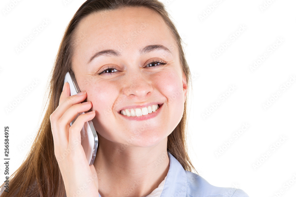 Happy smiling young woman talking on mobile phone Happy smiling young woman talking on mobile phone