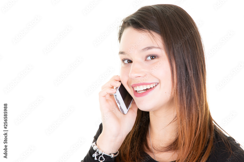 Profile of smiling woman calling on phone isolated on white background with copy space Profile of smiling woman calling on phone isolated on white background with copy space