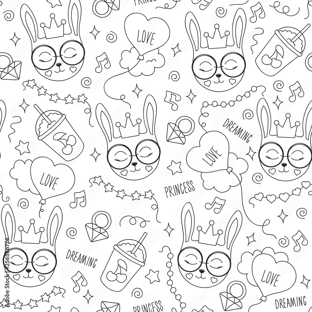 Cute bunny pattern on a white background. Black and white abstract outline seamless pattern. Drawing for kids clothes, t-shirts, fabrics or packaging.  Bunny, balloon, note, beads, star, ring.