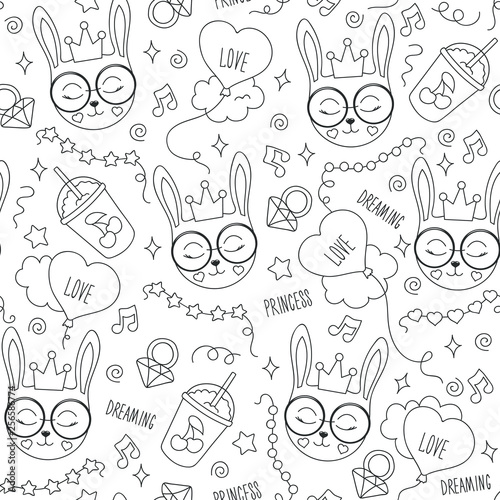 Cute bunny pattern on a white background. Black and white abstract outline seamless pattern. Drawing for kids clothes  t-shirts  fabrics or packaging.  Bunny  balloon  note  beads  star  ring.