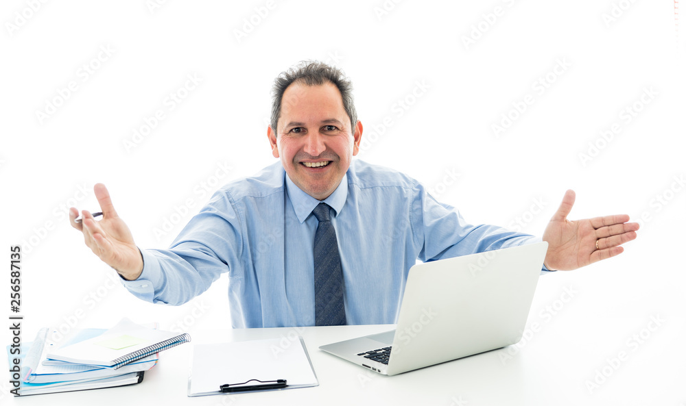 Portrait of happy creative business man working on laptop on new project sharing ideas Portrait of happy creative business man working on laptop on new project sharing ideas